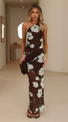 Cataleya Sheer Maxi Dress - Mocha Blossom