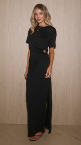 Doja Short Sleeve Tie Waist Maxi Dress - Black