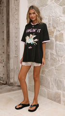 Wingin It Tee - Washed Black/Pink