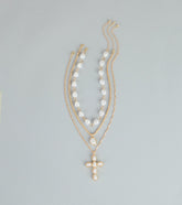 Soft Shine Faux Pearl Cross Charm Necklace Set