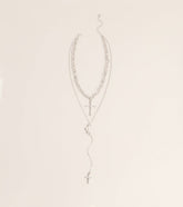 Layered Sparkle Rhinestone Cross Charm Lariat Necklace