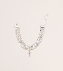 Glitzy Rhinestone Cross Chainmail Choker Necklace