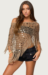 Edikted Fringe Sequin Crochet Poncho - Tan