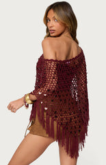 Edikted Fringe Sequin Crochet Poncho - Burgundy