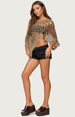 Edikted Fringe Sequin Crochet Poncho - Tan