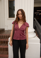 AFENDS Womens Ledger - Wrap Top - Burgundy Stripe