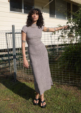AFENDS Womens Elodie - Seersucker Midi Dress - Base Coffee Check