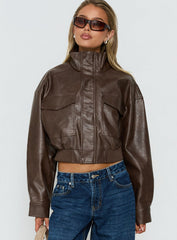 Ace Player Funnel Neck Faux Leather Jacket Brown