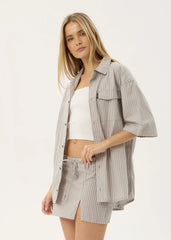 AFENDS Mens Lennox - Short Sleeve Shirt - Olive Stripe