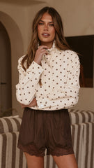 Nessie Funnel Neck Jacket - Cream/Chocolate Polka