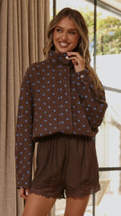 Nessie Funnel Neck Jacket - Chocolate/Blue Polka