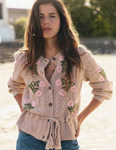 Cable Knitted Cardigan Mink Melange, Embroidery