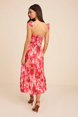 Pink Bustier Dress - Floral Bustier Dress - Slit Midi Dress