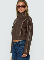 Ace Player Funnel Neck Faux Leather Jacket Brown
