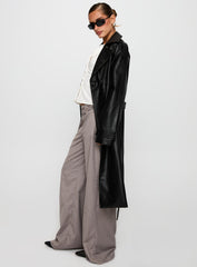 Think Later Faux Leather Trench Coat Black