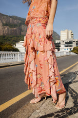 Mocha Boho Enhance Ruched Ruffled Maxi Skirt
