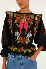 Black Mujeres Y Flores Embroidered Richelieu Blouse