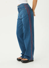 AFENDS Womens Bella Stripe - Denim Wide Leg Jean - Authentic Blue