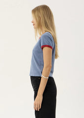AFENDS Womens Carmen - Baby Ringer Tee - Slate Blue / Ketchup