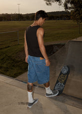 AFENDS Mens Lil C - Denim Baggy Short 22" - Worn Blue