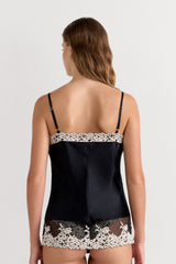 Pretty Flowers Thin Strap Silk Tank Top - Black / Ivory