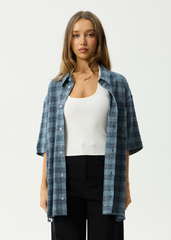 AFENDS Mens Position - Seersucker Short Sleeve Shirt - Navy Check