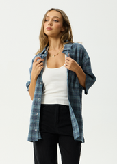 AFENDS Mens Position - Seersucker Short Sleeve Shirt - Navy Check