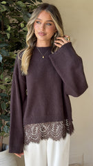Kylan Lace Trim Sweater - Brown