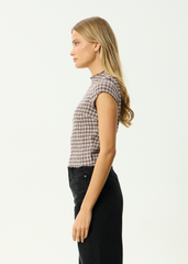 AFENDS Womens Wren - Seersucker Top - Coffee Check