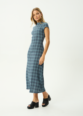 AFENDS Womens Elodie - Seersucker Midi Dress - Position Navy Check