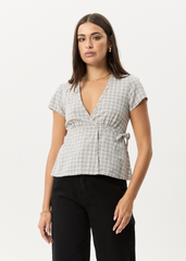 AFENDS Womens Drew - Seersucker Tie Top - Taupe Check