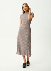 AFENDS Womens Elodie - Seersucker Midi Dress - Base Coffee Check
