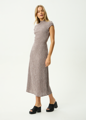 AFENDS Womens Elodie - Seersucker Midi Dress - Base Coffee Check