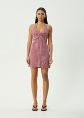 AFENDS Womens Montana - Seersucker Halter Mini Dress - Burgundy Check