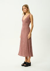 AFENDS Womens Tully - Seersucker Maxi Dress - Capricorn Burgundy / Beige Check