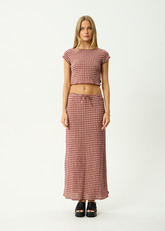 AFENDS Womens Frida - Seersucker Maxi Skirt - Capricorn Burgundy / Beige Check