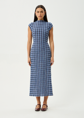AFENDS Womens Elodie - Seersucker Midi Dress - Mountains Navy Red Check