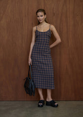 AFENDS Womens Rumi - Seersucker Midi Dress - Shev Indigo Check