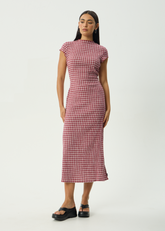 AFENDS Womens Elodie - Seersucker Midi Dress - Base Burgundy Check