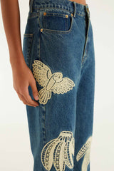 Denim Birds Embroidered Pants