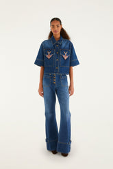 Denim Porcelain Birds Pockets Flare Pants