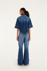 Denim Porcelain Birds Pockets Flare Pants