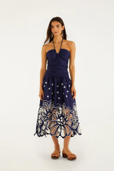 Navy Blue EmbroideredRichelieu Midi Dress