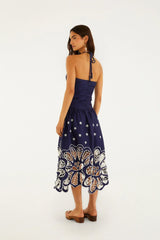 Navy Blue EmbroideredRichelieu Midi Dress