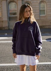 AFENDS Womens Community Garden - Quarter Zip Jumper - Washed Deep Sea
