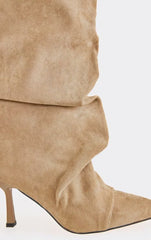 Cave Pointed Toe Slouched Detail Knee High Boot In Beige Faux Suede