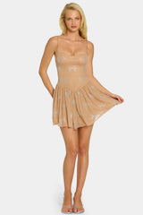 Embellished Strappy Skater Mini Dress in Almond