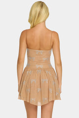Embellished Strappy Skater Mini Dress in Almond