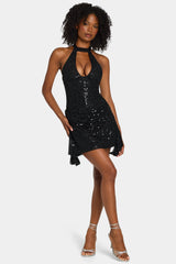 Embellished Draped Corset A-Line Mini Dress in Black