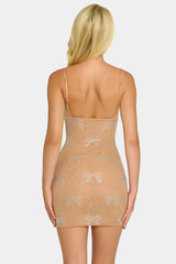 Embellished Bow-Detail Mini Dress in Almond